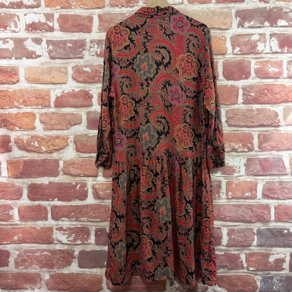 Vintage Forenza Dress Women's L Red Multicolor Boho Floral Paisley Casual Midi